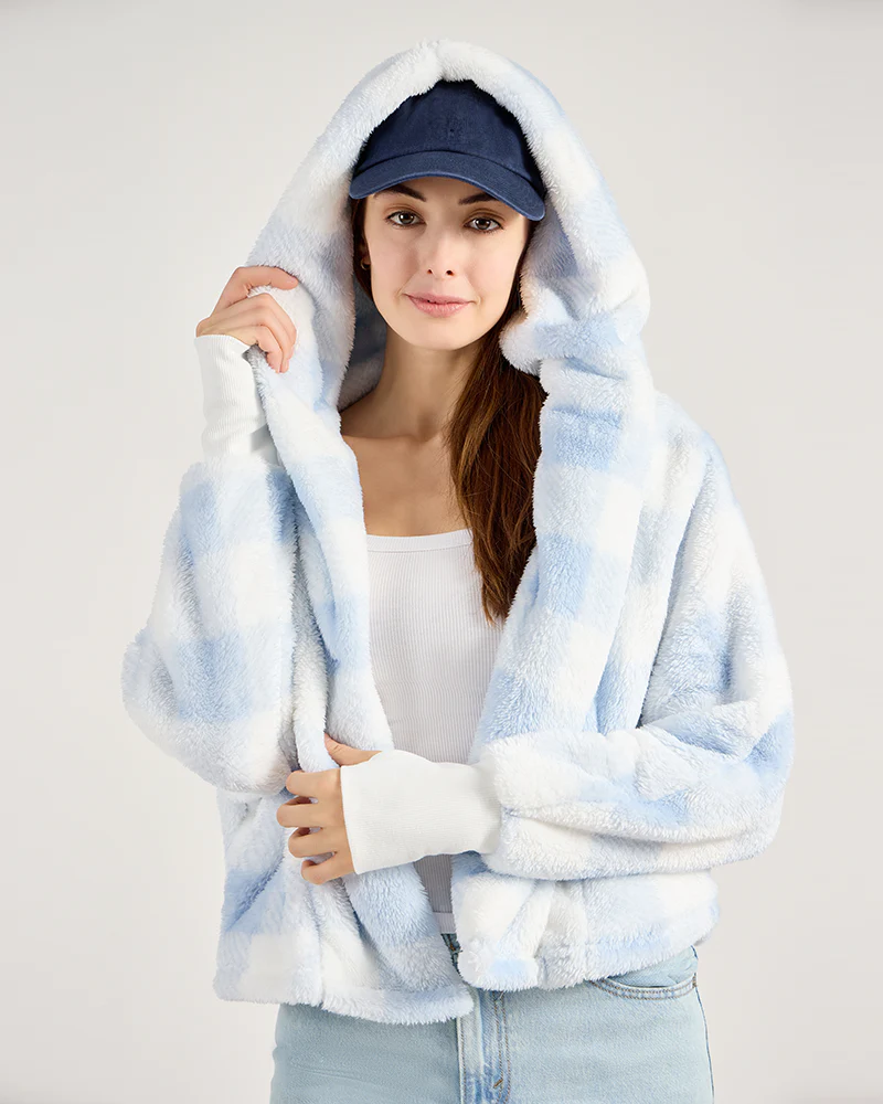 The Cropped Luxe Lounger Lite Jacket - Blue & White Gingham - Image 5