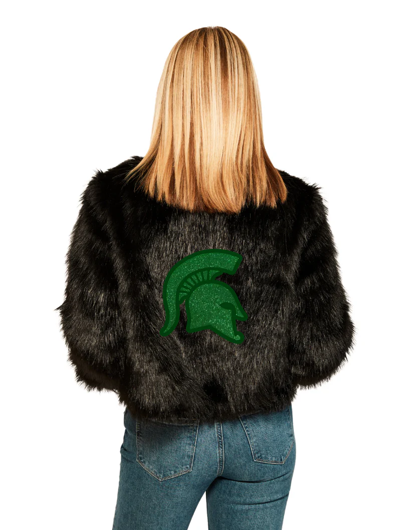 Michigan State University Bedazzled Logo Faux Fur Jacket