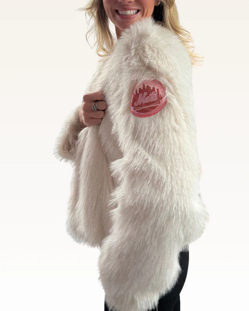 New York Mets Bedazzled Arm Logo (MLB Lined) Faux Fur Jacket - Image 3